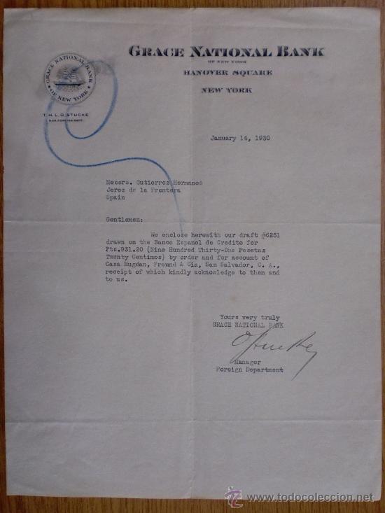 Lettres commerciales: CARTA COMERCIAL. NEW YORK (U. S. A.). ENERO 1930. GRACE NATIONAL BANK.