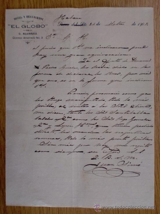 Lettres commerciales: CARTA COMERCIAL. HABANA (CUBA). SEPTIEMBRE 1907. HOTEL Y RESTAURANTE EL GLOBO. G. ALVAREZ.