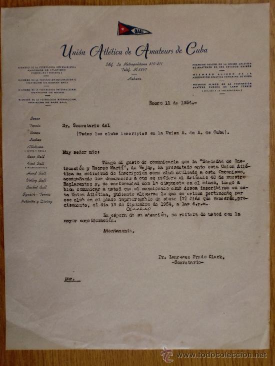 Lettres commerciales: CIRCULAR. HABANA (CUBA). ENERO 1954. UNION ATLETICA DE AMATEURS DE CUBA.