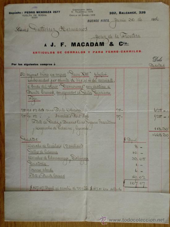Lettres commerciales: CARTA COMERCIAL. BUENOS AIRES (ARGENTINA). JUNIO 1906. J. F. MACADAM Y CIA. ARTICULOS DE CORRALON.