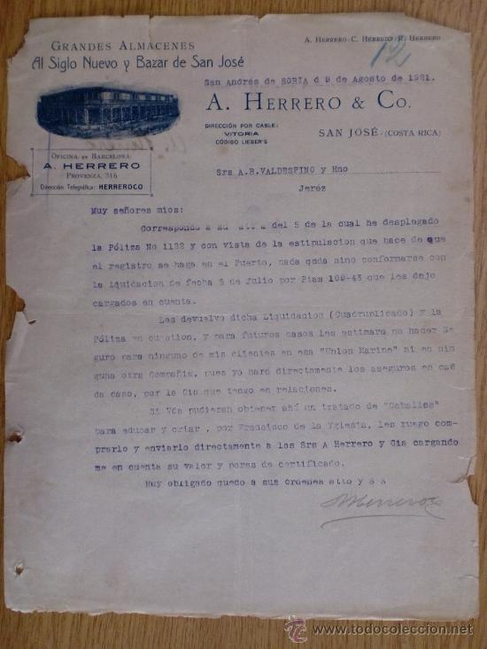 Commercial Letters: CARTA COMERCIAL. SAN ANDRES DE SORIA (COSTA RICA). AGOSTO 1921. A. HERRERO Y CO. GRANDES ALMACENES.