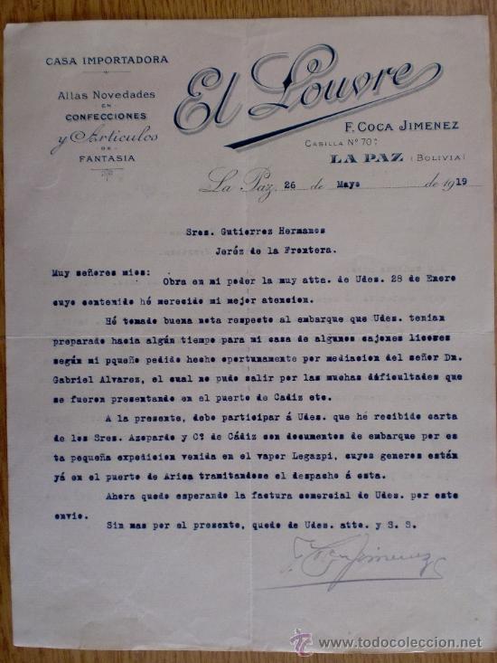 Lettres commerciales: CARTA COMERCIAL. LA PAZ (BOLIVIA). MAYO 1919. EL LOUVRE. F. COCA JIMENEZ. CASA IMPORTADORA.