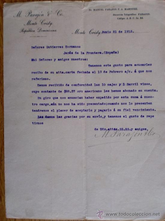 Lettres commerciales: CARTA COMERCIAL. MONTE CRISTY (R. DOMINICANBA). JUNIO 1913. M. PARAJON Y CO.