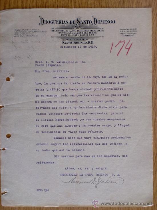 Lettres commerciales: CARTA COMERCIAL. SANTO DOMINGO (R. DOMINICANBA). DICIEMBRE 1919. DROGUERIAS DE SANTO DOMINGO.