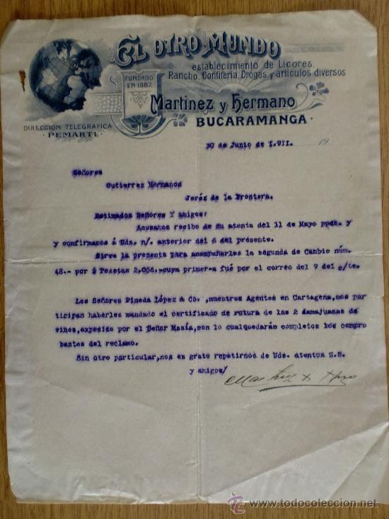 Lettres commerciales: CARTA COMERCIAL. BUCARAMANGA (COLOMBIA). JUNIO 1911. EL OTRO MUNDO. MARTINEZ Y HERMANO.