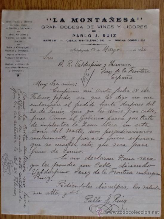 Lettres commerciales: CARTA COMERCIAL. ANTOFAGASTA (CHILE). MARZO 1930. LA MONTA&Ntilde;ESA. PABLO J. RUIS. BODEGAS.