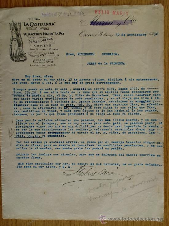 Lettres commerciales: CARTA COMERCIAL. ORURO (BOLIVIA).SEPTIEMBRE1932. LA CASTELLANA. FELIX MARTIN. MERCANCIAS Y VENTAS.