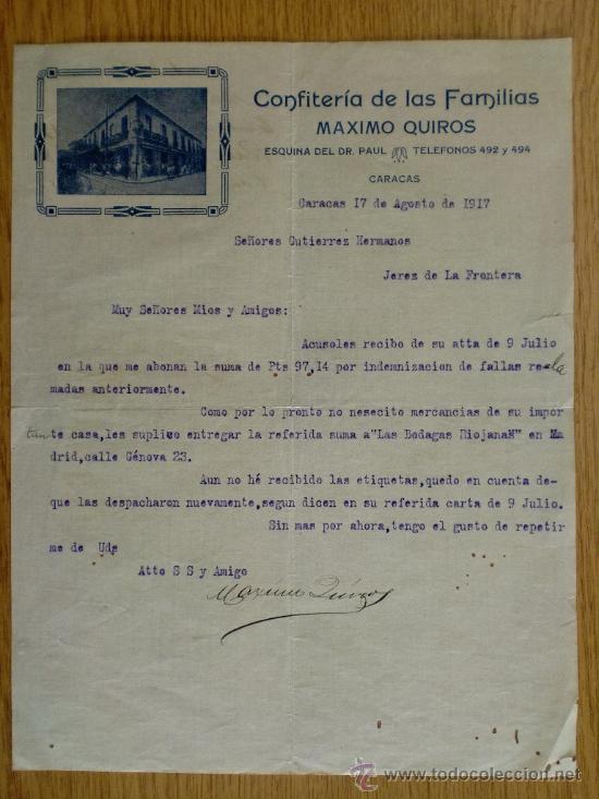 Lettres commerciales: CARTA COMERCIAL. CARACAS (VENEZUELA). AGOSTO 1917. CONFITERIA DE LAS FAMILIAS. MAXIMO QUIROS.