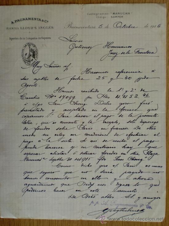 Lettres commerciales: CARTA COMERCIAL. BUENAVENTURA (COLOMBIA). OCTUBRE 1915. A. PAGNAMENTA Y CA.