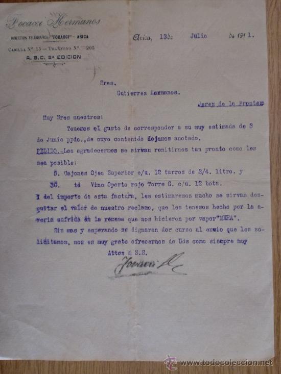 Lettres commerciales: CARTA COMERCIAL. ARICA (CHILE). JULIO 1911. FOCACCI HERMANOS.