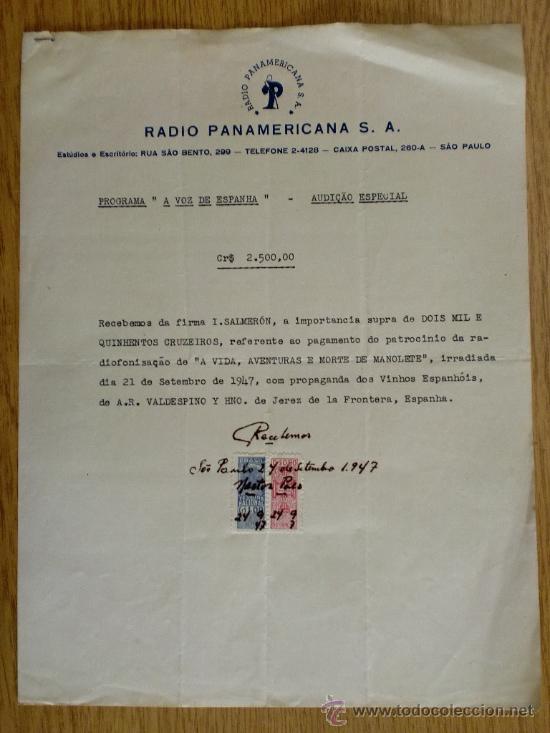 Lettres commerciales: CIRCULAR. SAO PAULO (BRASIL). SEPTIEMBRE 1947. RADIO PANAMERICANA S. A.