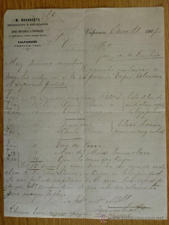Lettres commerciales: CARTA COMERCIAL. VALPARAISO (CHILE). ENERO 1907. M. NAVARRETE. IMPORTACION Y ESPORTACION.