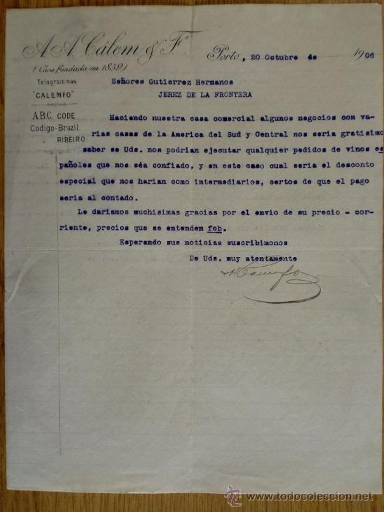 Lettres commerciales: CARTA COMERCIAL. PORTO (BRASIL). OCTUBRE 1906. A. A. GALENM Y FO.