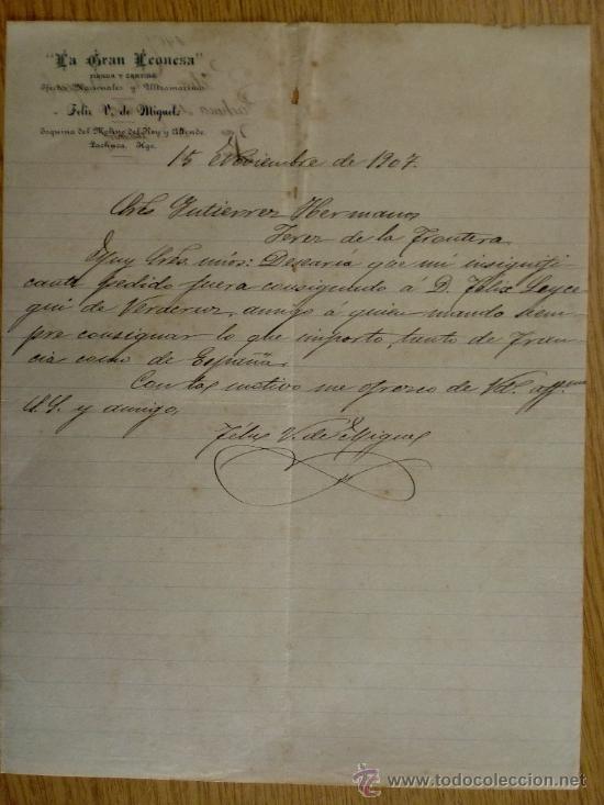 Lettres commerciales: CARTA COMERCIAL. PACHUCA (MEXICO). NOVBRE 1907. LA GRAN LEONESA. TIENDA Y CANTINA. F. V. DE MIGUEL.