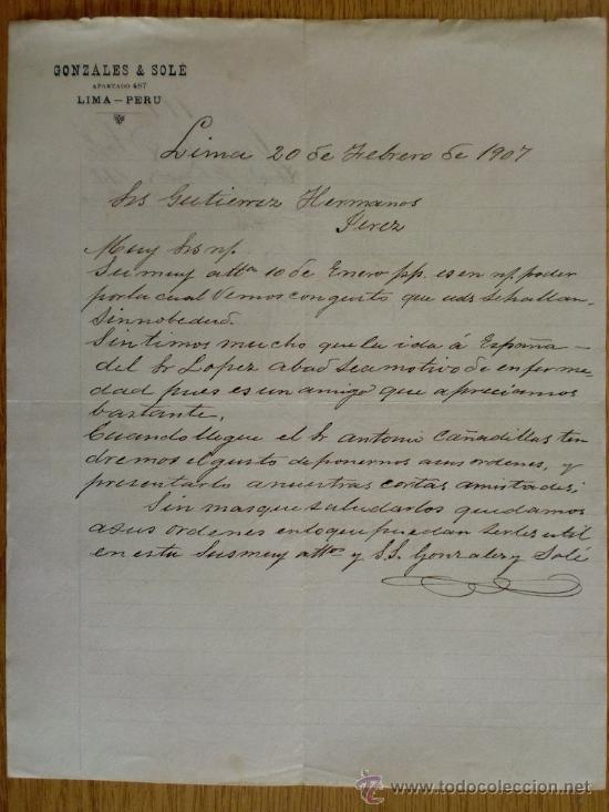 Lettres commerciales: CARTA COMERCIAL. LIMA (PERU). FEBRERO 1907. GONZALEZ Y SOLE.