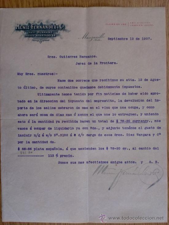 Cartas comerciais: CARTA COMERCIAL. MANZANILLO (CUBA). SEPTIEMBRE 1907. MU&Ntilde;IZ-FERMANDEZ Y CIA.