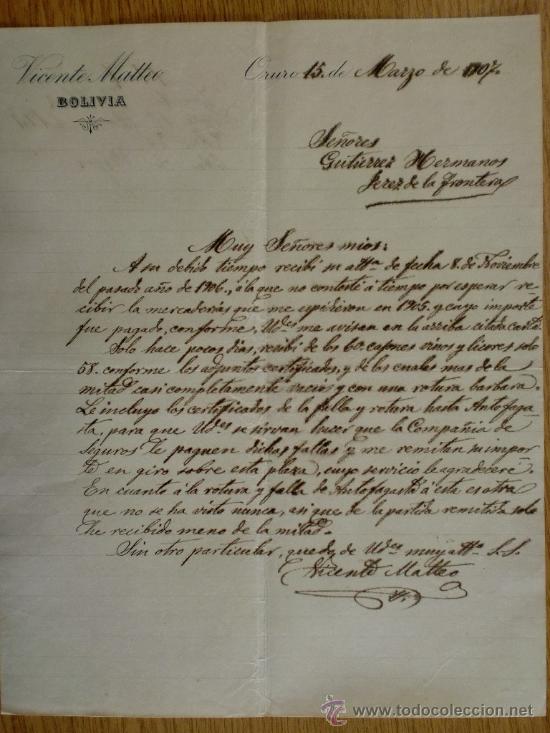 Lettres commerciales: CARTA COMERCIAL. ORURO (BOLIVIA). MARZO 1907. VICENTE MATTEO.