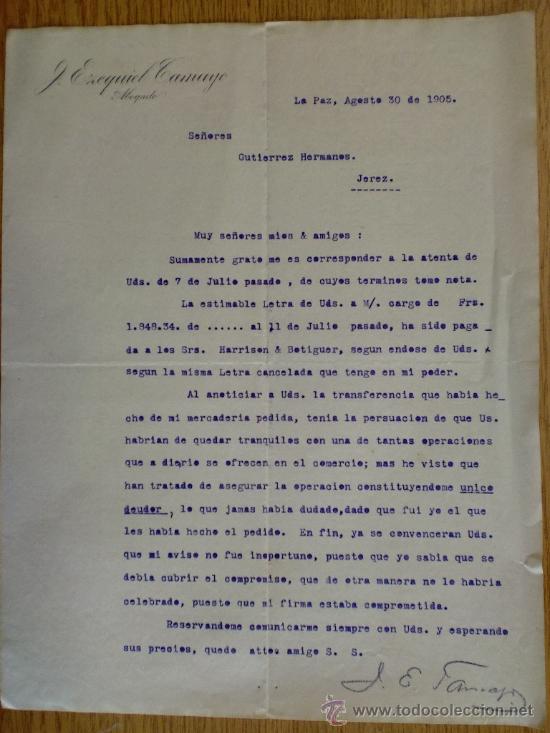 Lettres commerciales: CARTA COMERCIAL. LA PAZ (BOLIVIA). AGOSTO 1905. J. EZEQUIEL TAMAYO. ABOGADO.