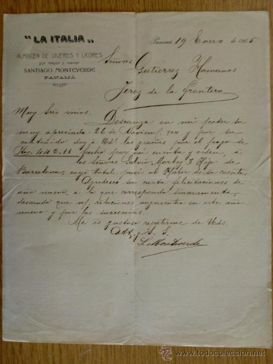 Lettres commerciales: CARTA COMERCIAL. PANAMA (PANAMA). ENERO 1905. LA ITALIA. ALMACEN DE VIVERES Y LICORES.