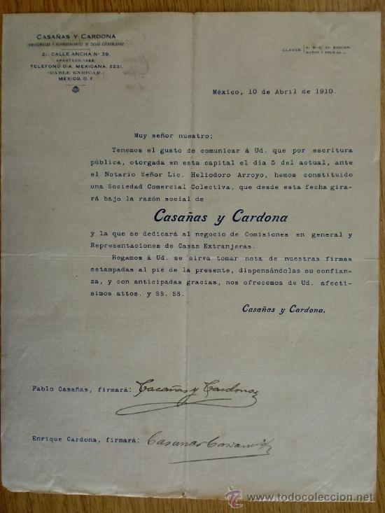 Lettres commerciales: CARTA COMERCIAL. MEXICO D. F. (MEXICO). ABRIL 1910. CASA&Ntilde;AS Y CARDONA. COMISIONISTAS.