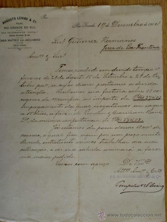Lettere commerciali: CARTA COMERCIAL. RIO GRANDE DO SUL (BRASIL). DICIEMBRE 1904. AGUSTO LEIVAS Y CIA.