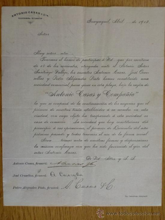 Lettres commerciales: CIRCULAR. GUAYAQUIL (ECUADOR). ABRIL 1912. ANTONIO CASAS Y CIA.