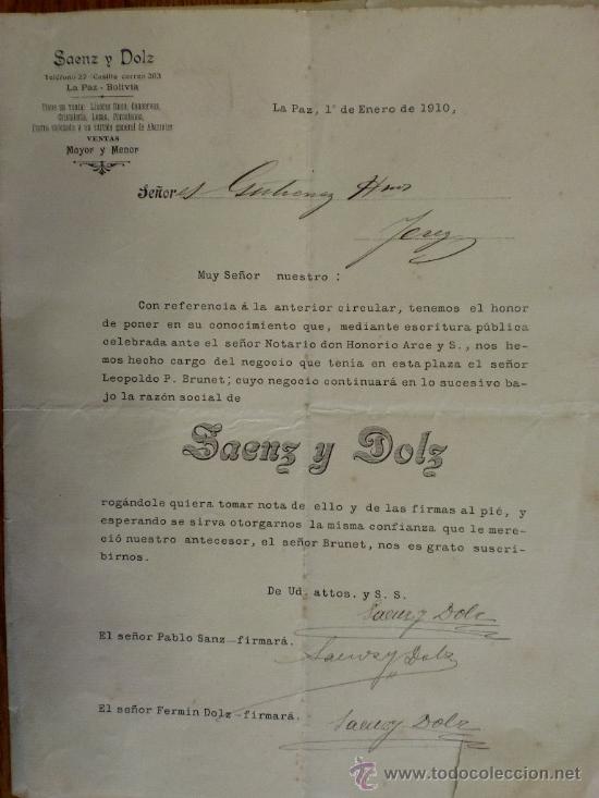 Lettres commerciales: CIRCULAR. LA PAZ (BOLIVIA). ENERO 1910. SAENZ Y DOLZ. VENTAS AL POR MAYOR Y MENOR.