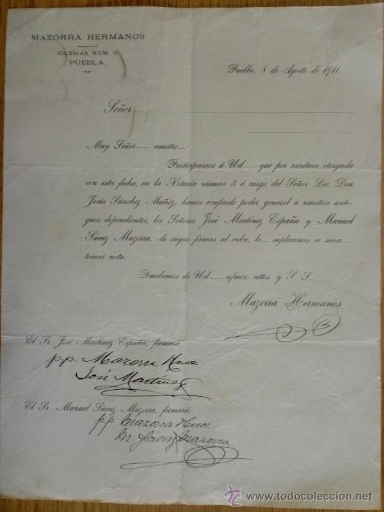 Lettres commerciales: CIRCULAR. PUEBLA (MEXICO). AGOSTO 1911. MAZORRA HERMANOS.