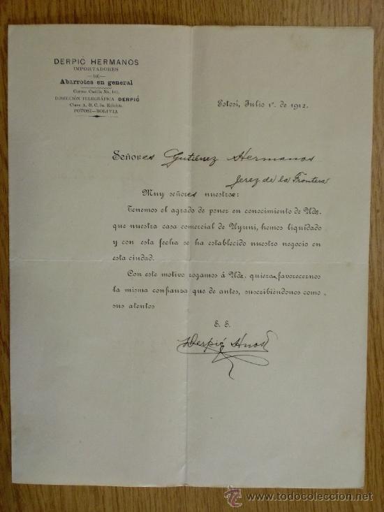 Lettres commerciales: CIRCULAR. POTOSI (BOLIVIA). JULIO 1912. DERPIC HERMANOS. IMPORTADORES DE ABARROTES.