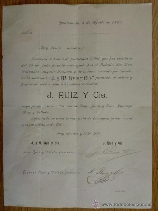Lettres commerciales: CIRCULAR. GUATEMALA (GUATEMALA). AGOSTO 1893. J. RUIZ Y CIA.