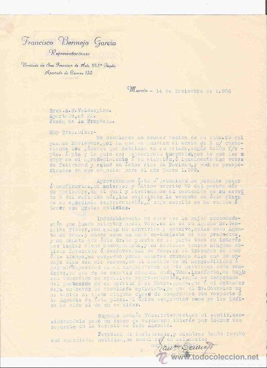 Lettere commerciali: CARTA COMERCIAL. MURCIA. FRANCISCO BERMEJO GARCIA. REPRESENTACIONES. 1958.