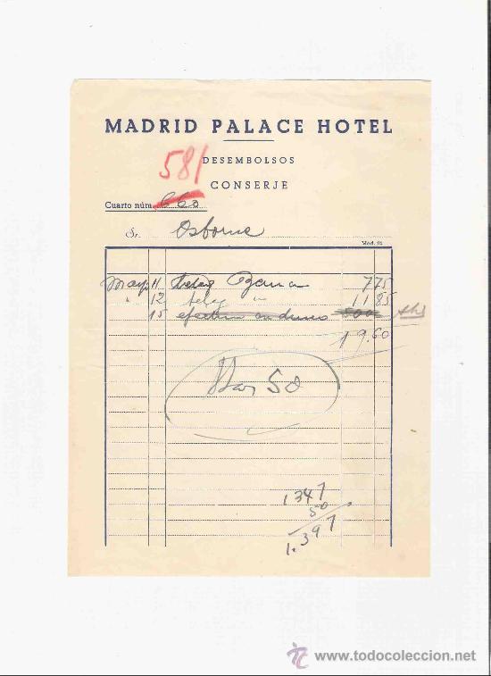 Lettere commerciali: CARTA COMERCIAL. MADRID PALACE HOTEL. DESEMBOLSOS. CONSERJE.
