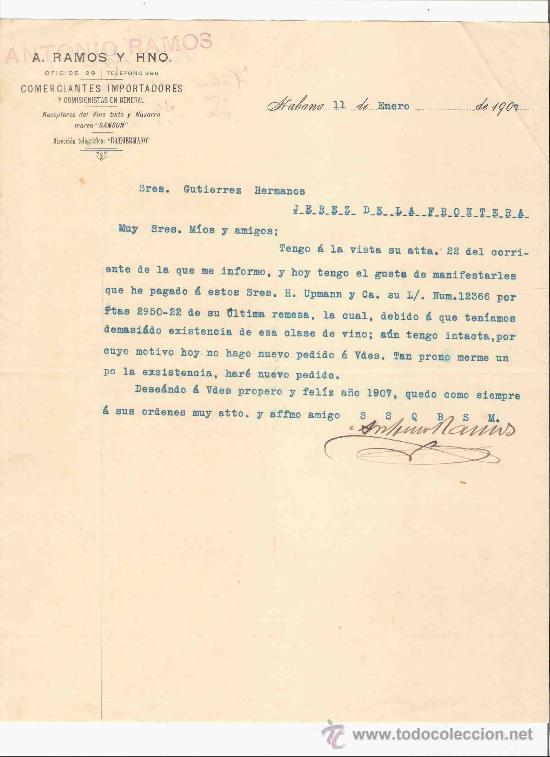 Lettere commerciali: CUBA. HABANA. CARTA. A. RAMOS Y HNO. COMERCIANTES IMPORTADORES. RECEPTORES DE VINO. 1907.
