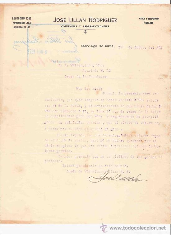 Lettere commerciali: CUBA. SANTIAGO DE CUBA. CARTA. JOSE ULLAN RODRIGUEZ. COMISIONES Y REPRESENTACIONES. 1928.