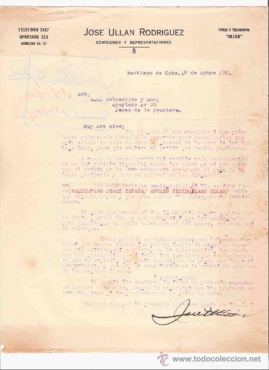 Lettere commerciali: CUBA. SANTIAGO DE CUBA. CARTA. JOSE ULLAN RODRIGUEZ. COMISIONES Y REPRESENTACIONES. 1928.