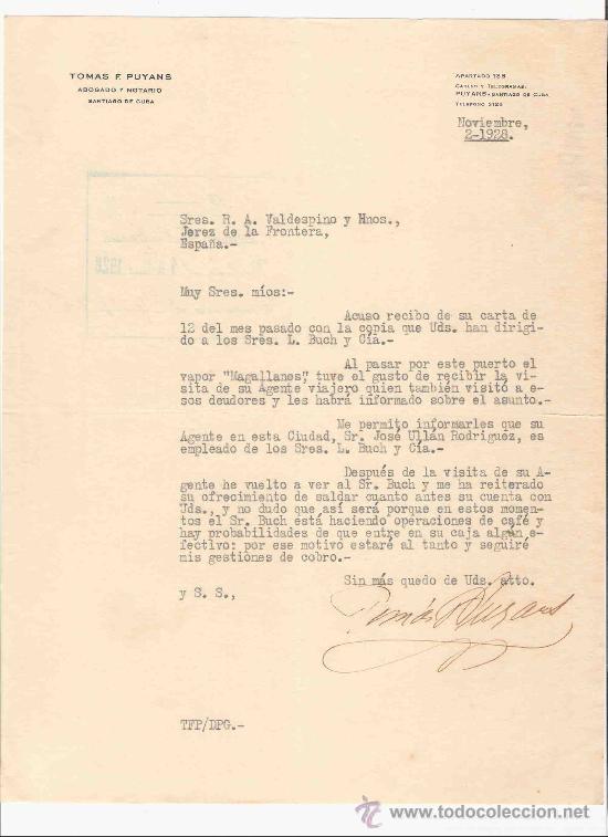 Lettere commerciali: CUBA. SANTIAGO DE CUBA. CARTA. TOMAS F. PUYANS. ABOGADO Y NOTARIO. 1928.