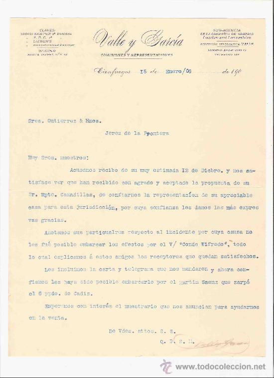 Lettere commerciali: CUBA. CIENFUEGOS. CARTA. VALLE Y GARCIA. COMISIONES Y REPRESENTACIONES. 1906.