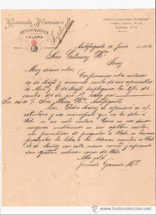 Commercial Letters: CHILE. ANTOFAGASTA. CARTA. GRANADA HERMANOS. MARCA COMERCIAL. 1902.