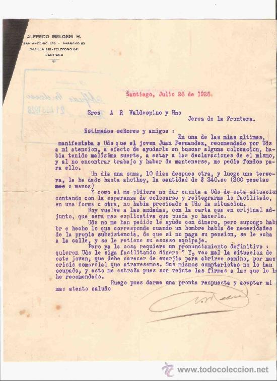 Lettere commerciali: CHILE. SANTIAGO. CARTA. ALFREDO MELOSSI H. 1928.