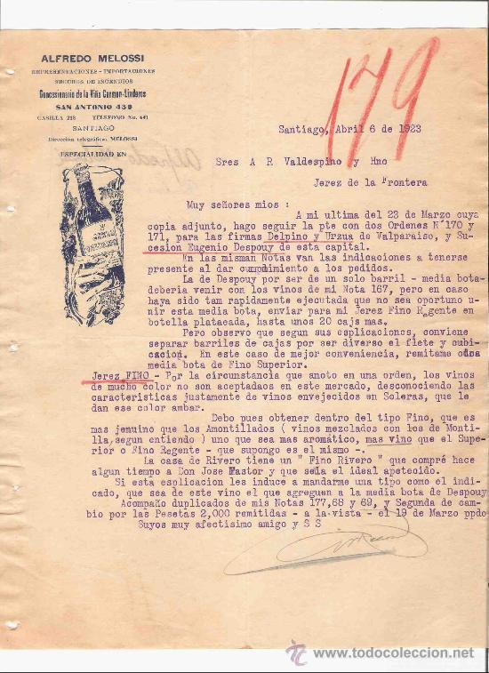 Commercial Letters: CHILE. SANTIAGO. CARTA. ALFREDO MELOSSI. REPRESENTACIONES. IMPORTACION. VI&Ntilde;A CARMEN-LINDEROS. 1923.