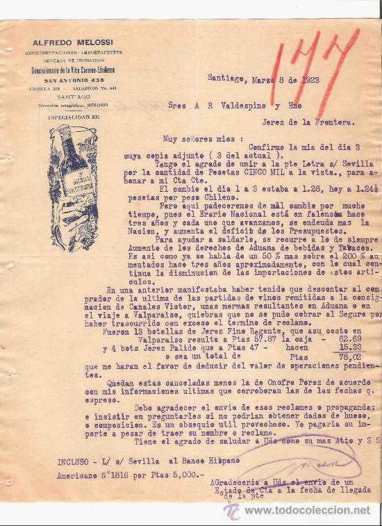Lettere commerciali: CHILE. SANTIAGO. CARTA. ALFREDO MELOSSI. REPRESENTACIONES. IMPORTACION. VI&Ntilde;A CARMEN-LINDEROS. 1923.