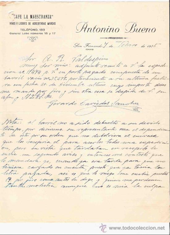 Commercial Letters: ESPA&Ntilde;A. SAN FERNANDO, CADIZ. CARTA. ANTONIO BUENO. CAFE LA MAESTRANZA. VINOS Y LICORES. 1935.
