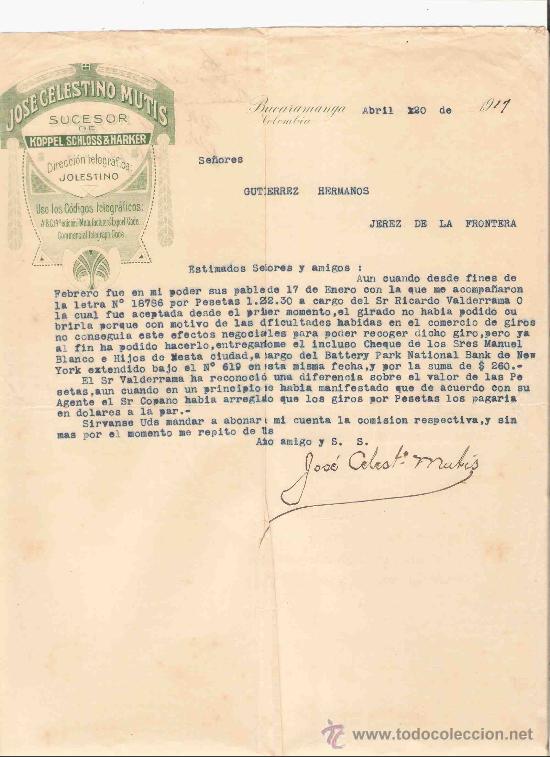 Cartas comerciales: COLOMBIA. BUCARAMANGA. CARTA. JOSE CELESTINO MUTIS. SUCESOR DE KOPPEL, SCHLOSS & HARKER. 1917.