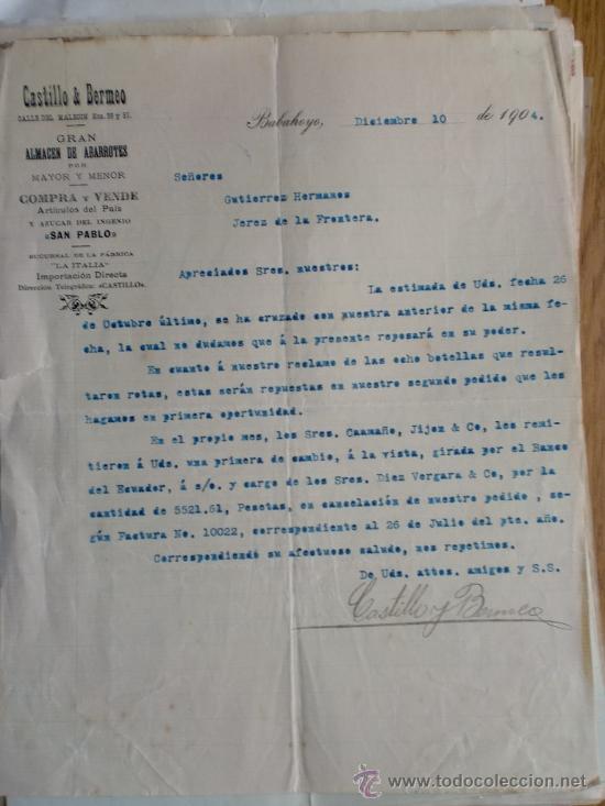 Lettere commerciali: CARTA COMERCIAL. BABAHOYO (ECUADOR). DICIEMBRE 1904. CASTILLO Y BERMEO. ALMACEN DE ABARROTES.