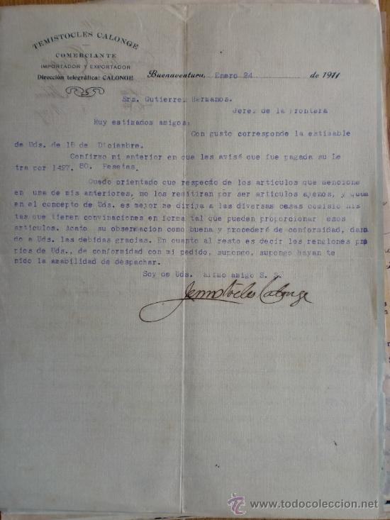 Commercial Letters: CARTA COMERCIAL. BUENAVENTURA (COLOMBIA). ENERO 1911. TEMISTOCLES CALONGE. COMERCIANTE.