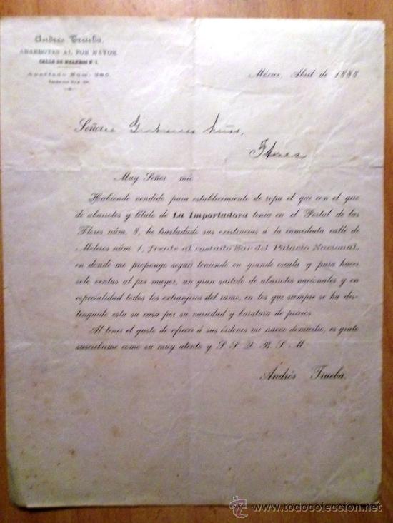 Cartas comerciais: CARTA COMERCIAL. MEXICO (MEXICO). ABRIL 1888. ANDRES TRUEBA. ABARROTES AL POR MAYOR.