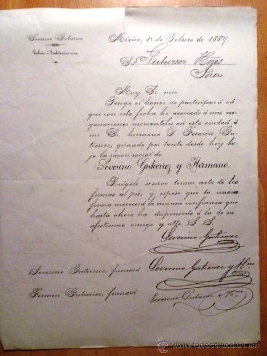 Cartas comerciais: CIRCULAR. MEXICO (MEXICO). FEBRERO 1889. SEVERINO GUTIERREZ.