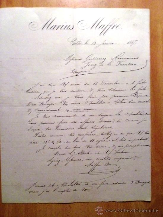 Cartas comerciais: CARTA COMERCIAL. CETTE (FRANCIA). ENERO 1887. MARUIS MAFFRE.