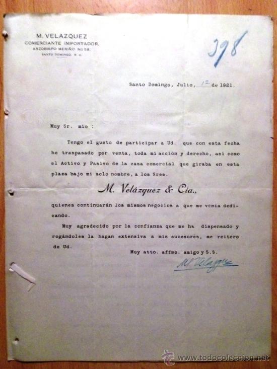 Cartas comerciais: CIRCULAR. SANTO DOMINGO (R. DOMINICANA). JULIO 1921. M. VELAZQUEZ. COMERCIANTE IMPORTADOR.