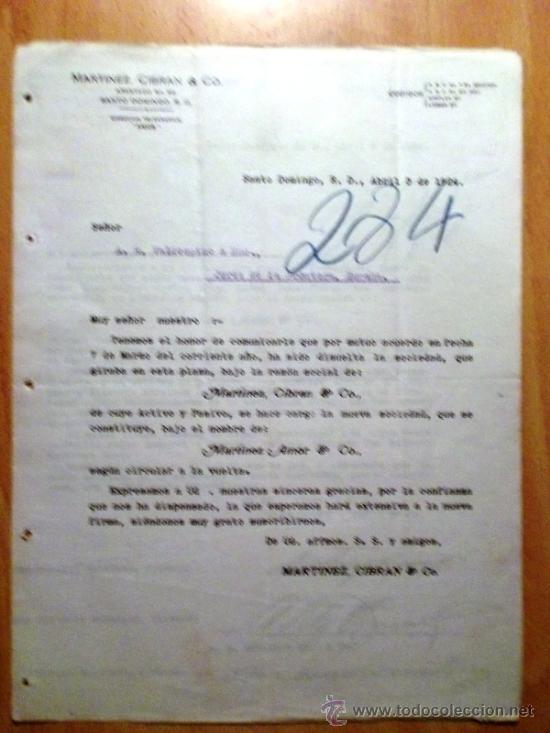 Cartas comerciais: CIRCULAR. SANTO DOMINGO (R. DOMINICANA). ABRIL 1924. MARTINEZ CIBRAN Y CO.
